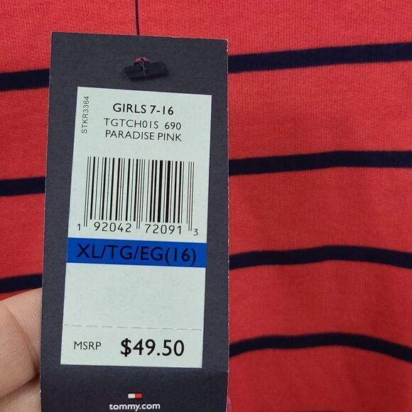 NWT Tommy Hilfiger Girls XL (16) Paradise Pink Striped Cold Shoulder Terry Dress - Picture 2 of 8